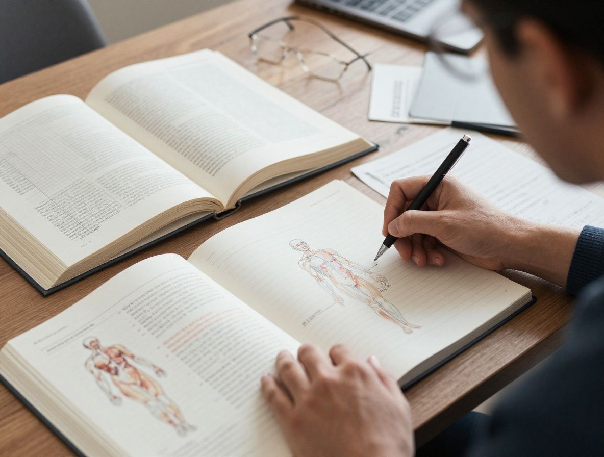 A reading desk in a well-lit study room with open reference books, printed diagrams of human anatomy, and handwritten notes, representing structured editorial research in progress