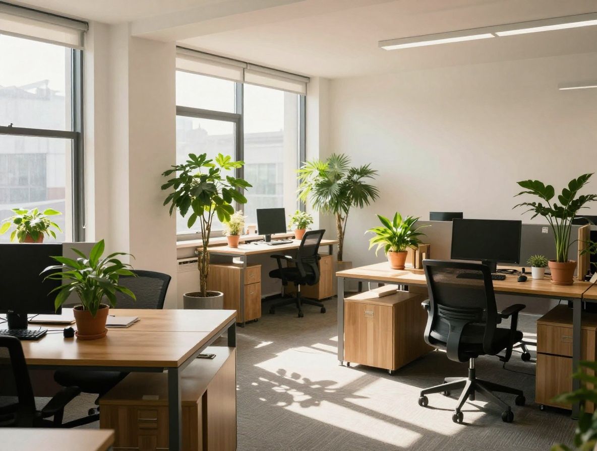 A calm, well-lit open-plan office interior with wooden desks, potted plants, and large windows letting in afternoon sunlight, creating a focused and quiet editorial atmosphere