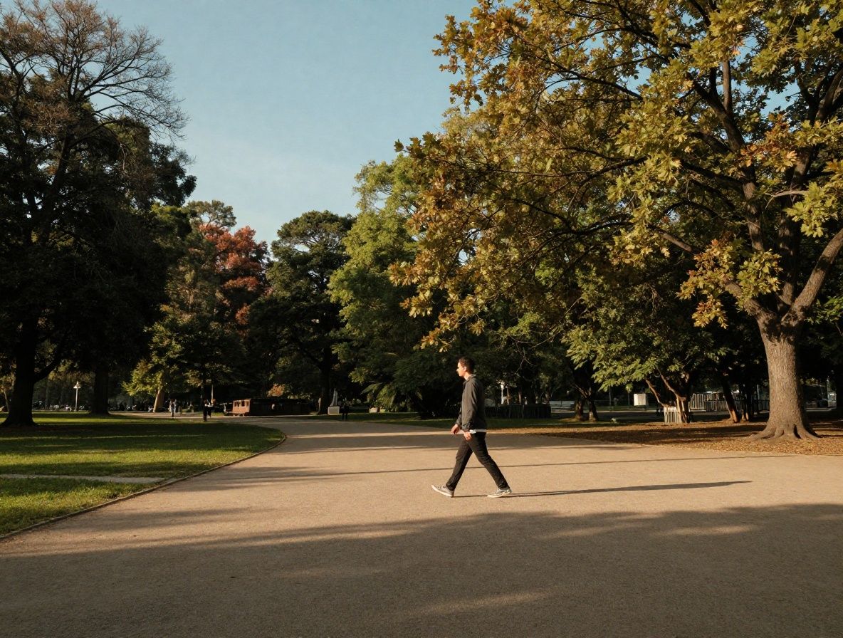 A person walking briskly through a public park on a clear afternoon, trees and a paved path visible in warm afternoon light