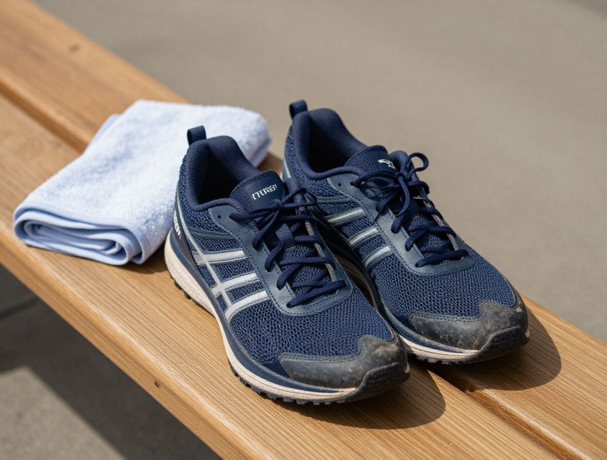 A pair of worn athletic shoes resting on a wooden bench next to a folded towel, suggesting the conclusion of a training session, natural light