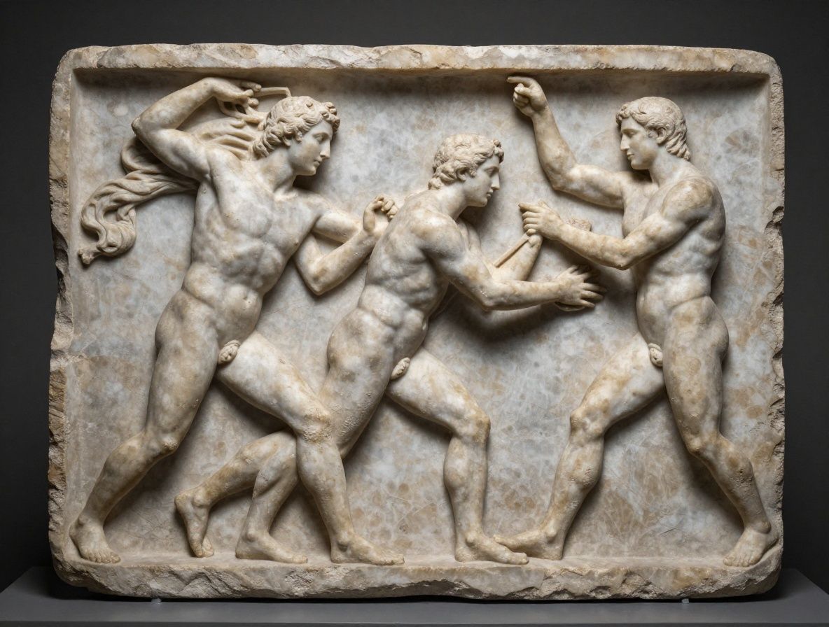 Marble relief sculpture from antiquity depicting athletic figures in motion, photographed in a museum setting with even lighting and visible stone texture