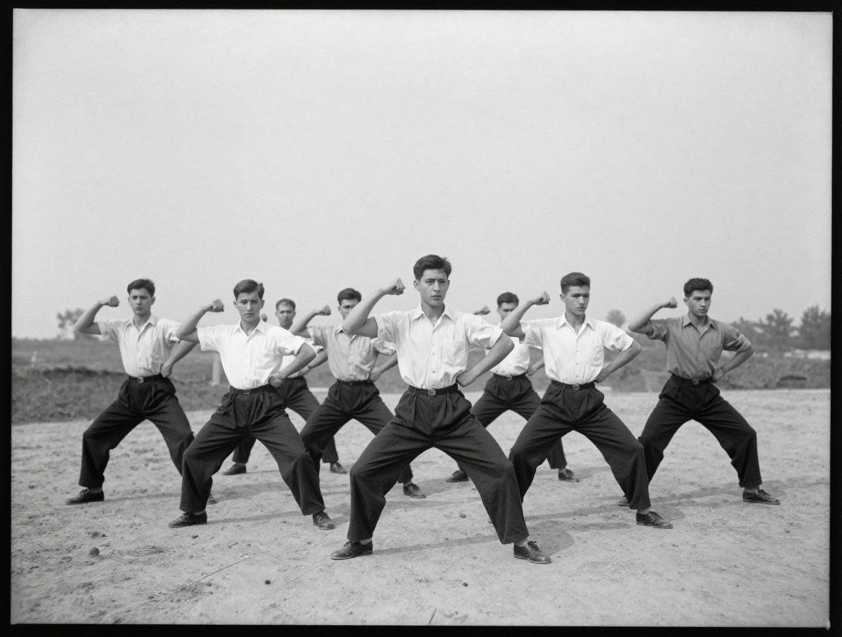 Old black and white photograph printed on slightly aged paper showing a group of young men performing synchronized calisthenics in an open outdoor space, circa early twentieth century