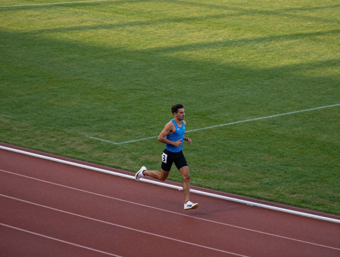 An overhead view of a running track with a lone athlete jogging at moderate pace, surrounded by green athletic field markings, early morning light