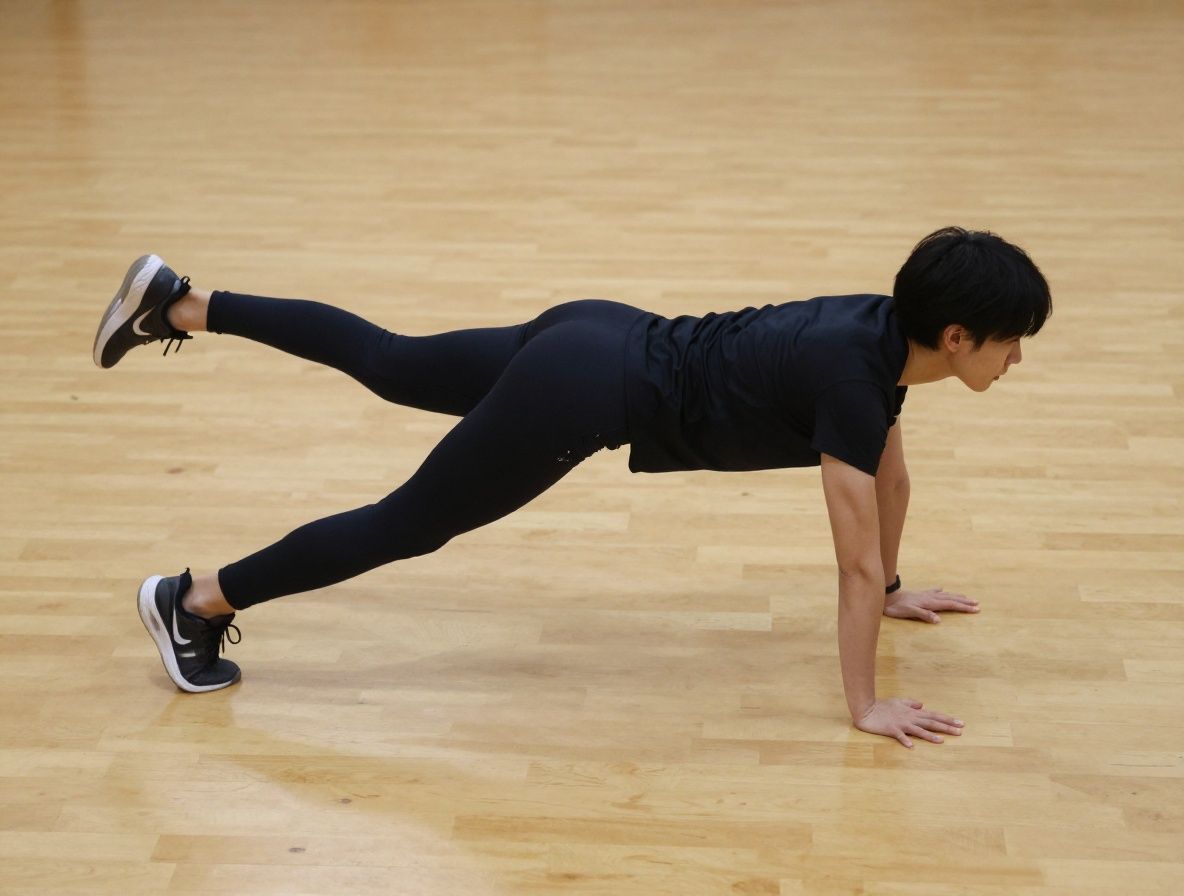 A person in athletic wear performing a controlled single-leg balance exercise on a wooden gym floor, demonstrating concentration and body awareness